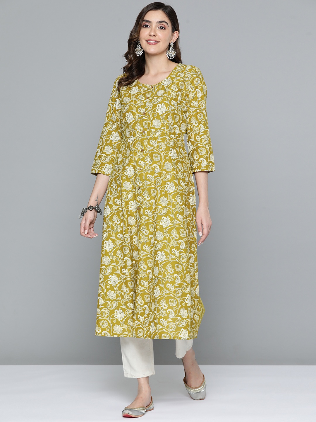 

HERE&NOW Pure Cotton Ethnic Motifs Printed Kurta, Lime green