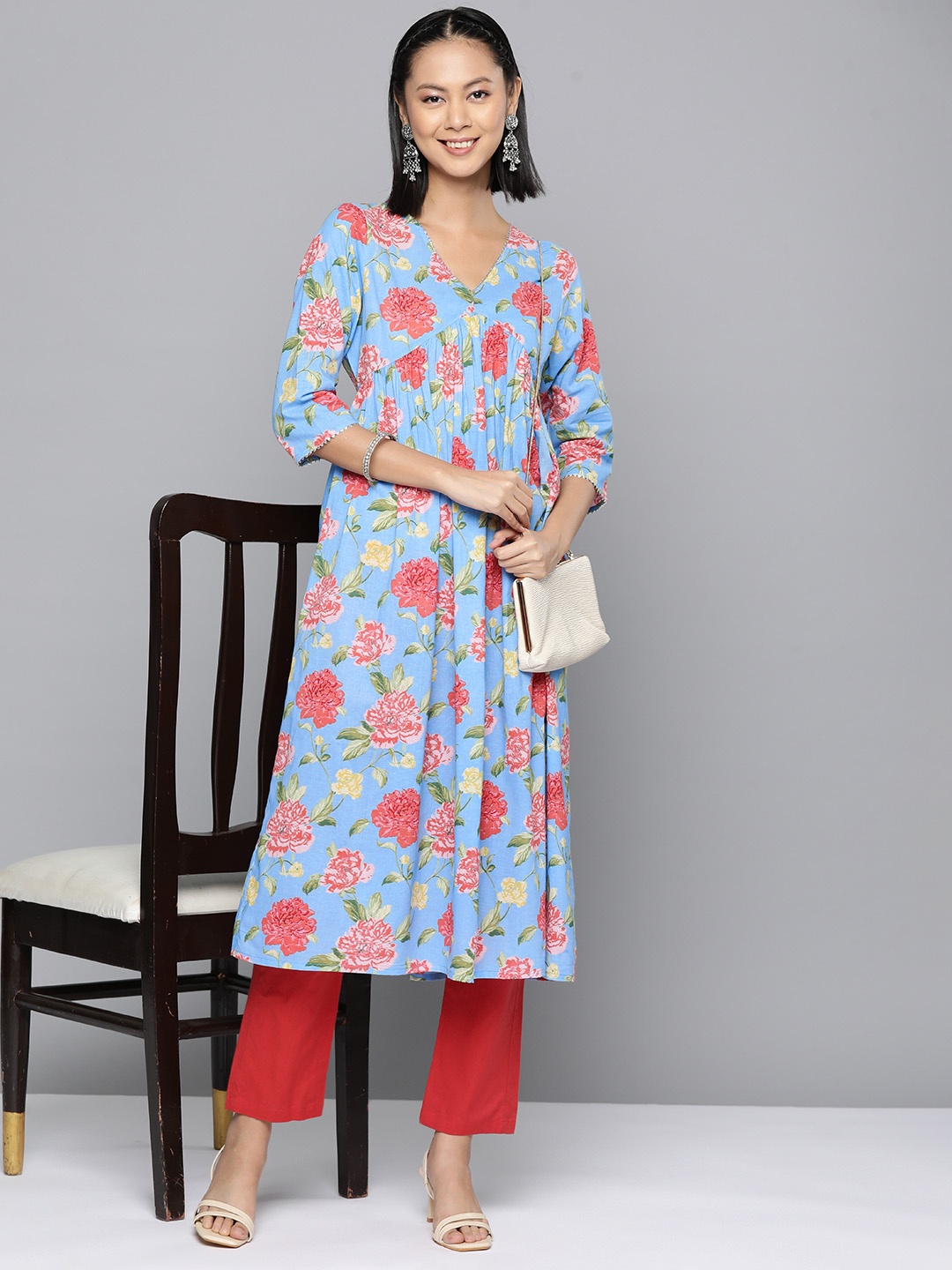 HERE&NOW Floral Print Tie-Up Detail Empire Kurta, Blue