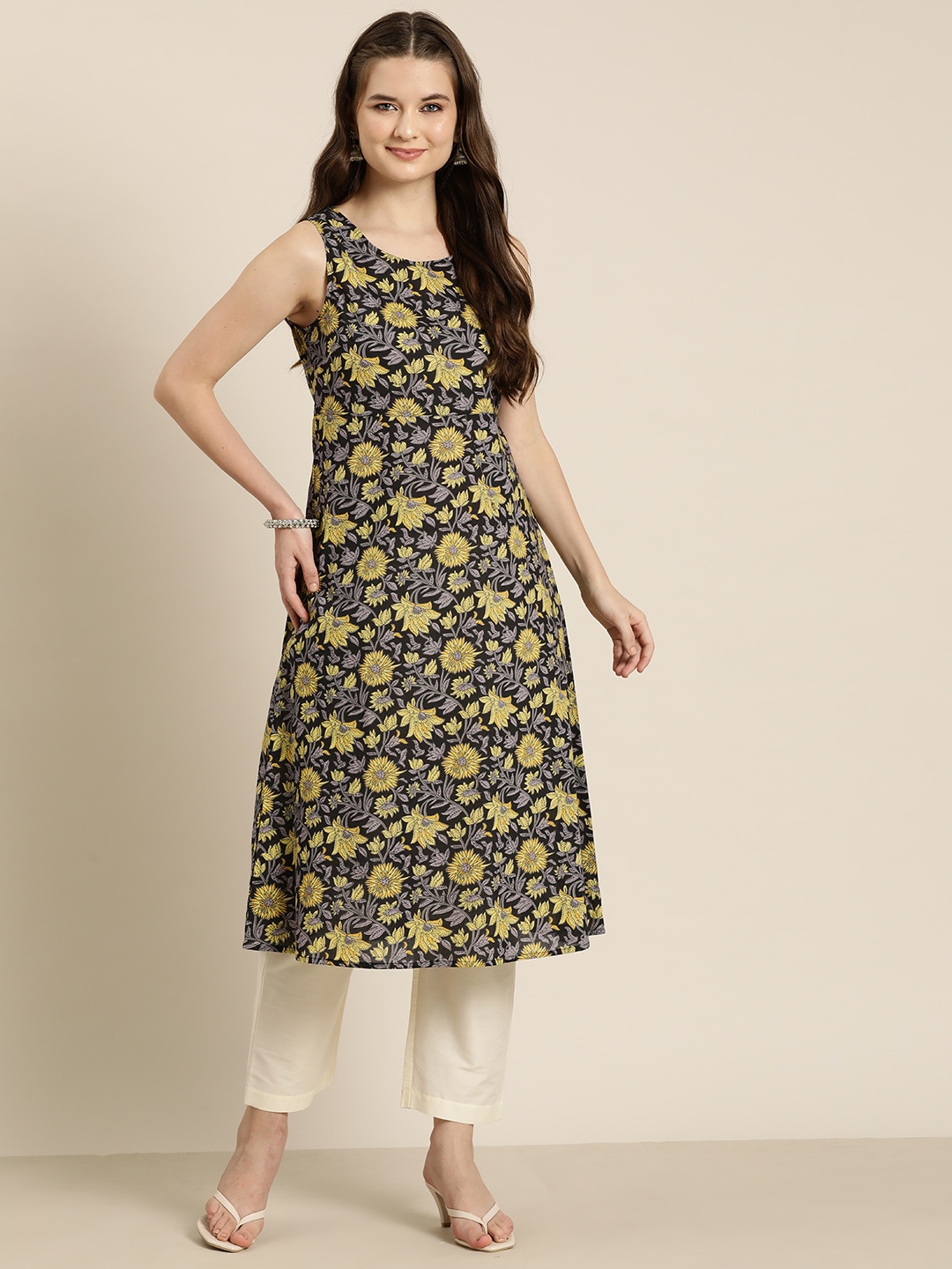 

HERE&NOW Women Ethnic Motifs Printed Pure Cotton Kurta, Black