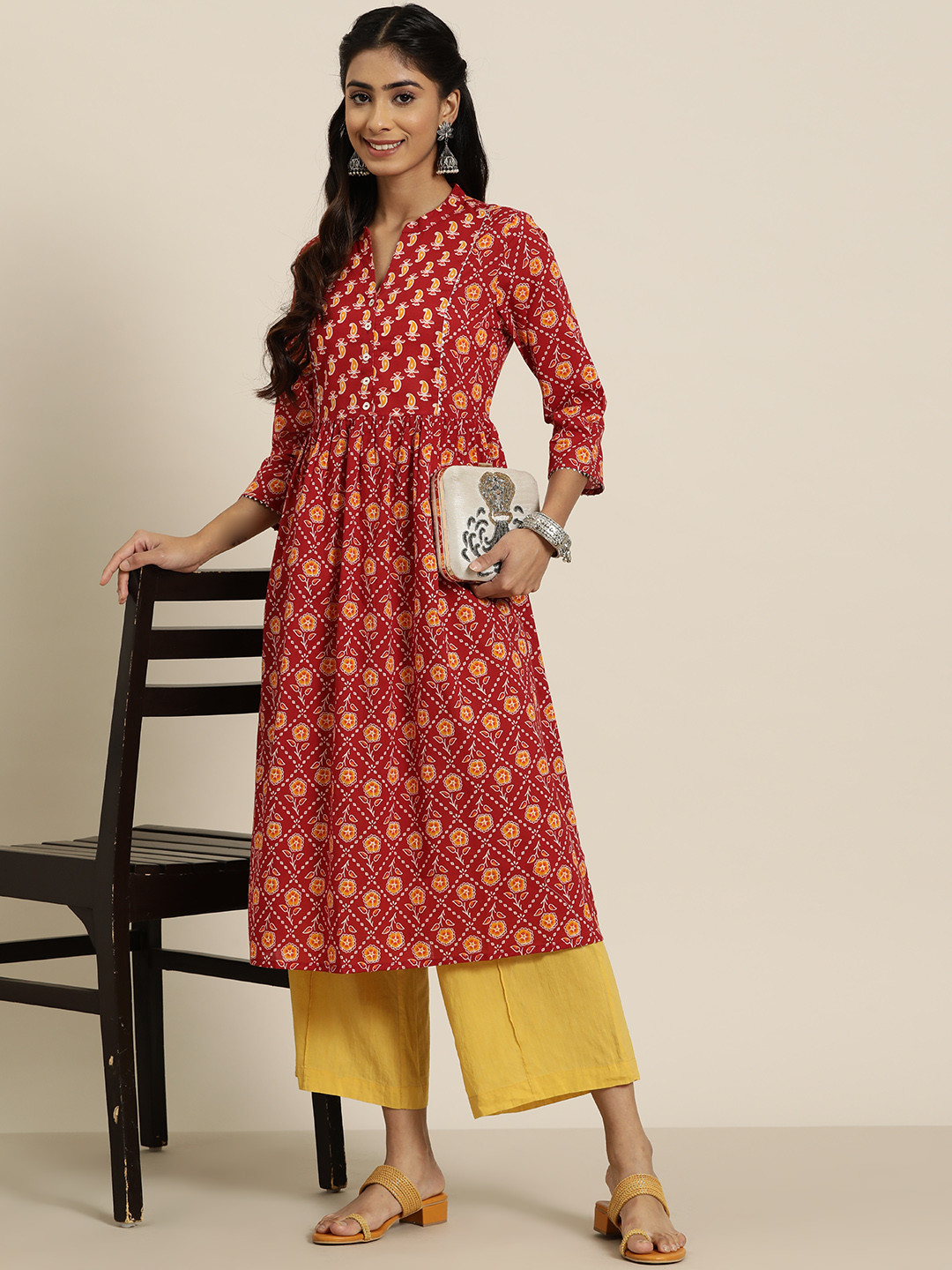 

HERE&NOW Pure Cotton Ethnic Motifs Printed Kurta, Red