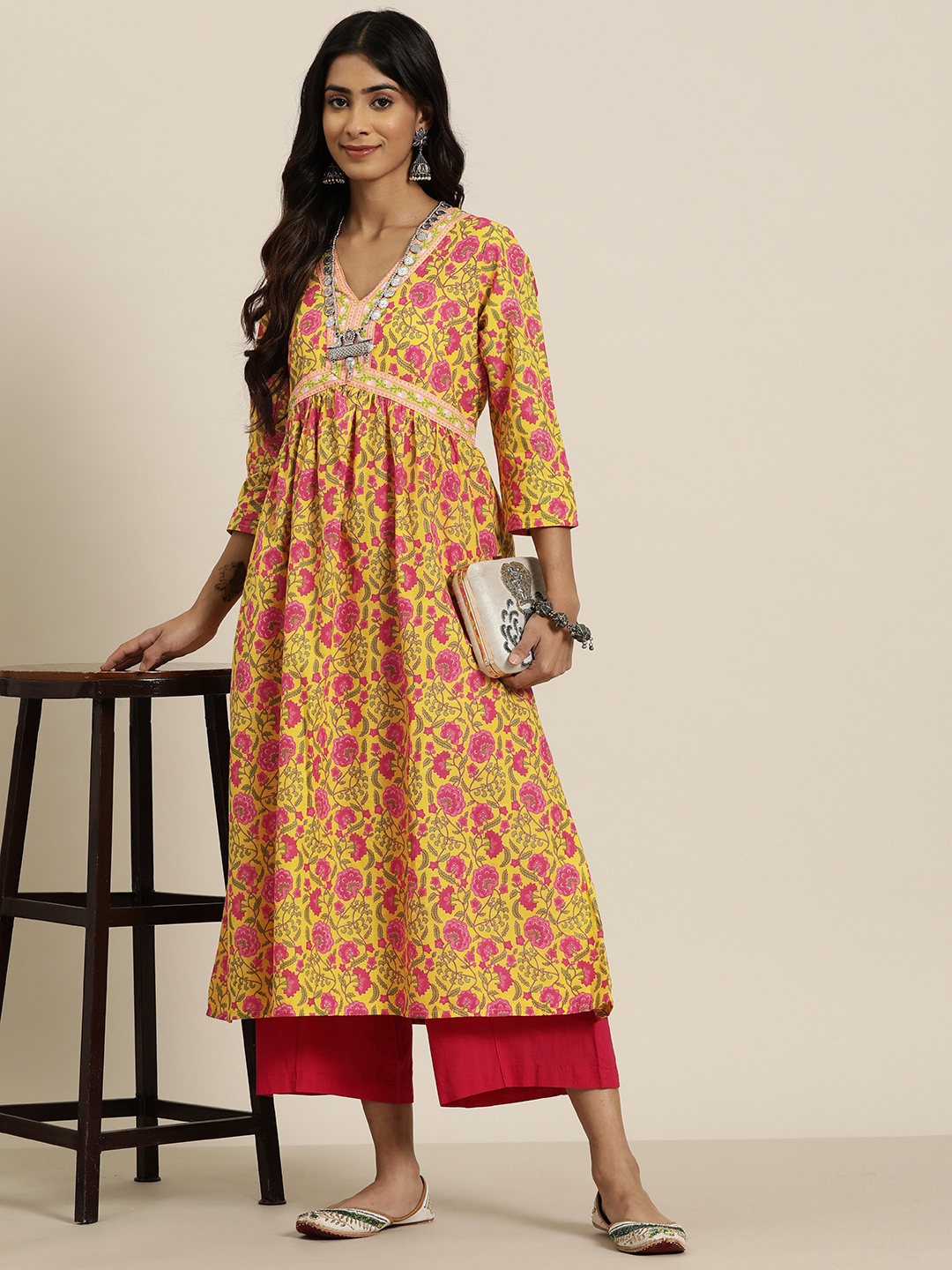 

HERE&NOW Pure Cotton Floral Printed Empire Kurta, Mustard