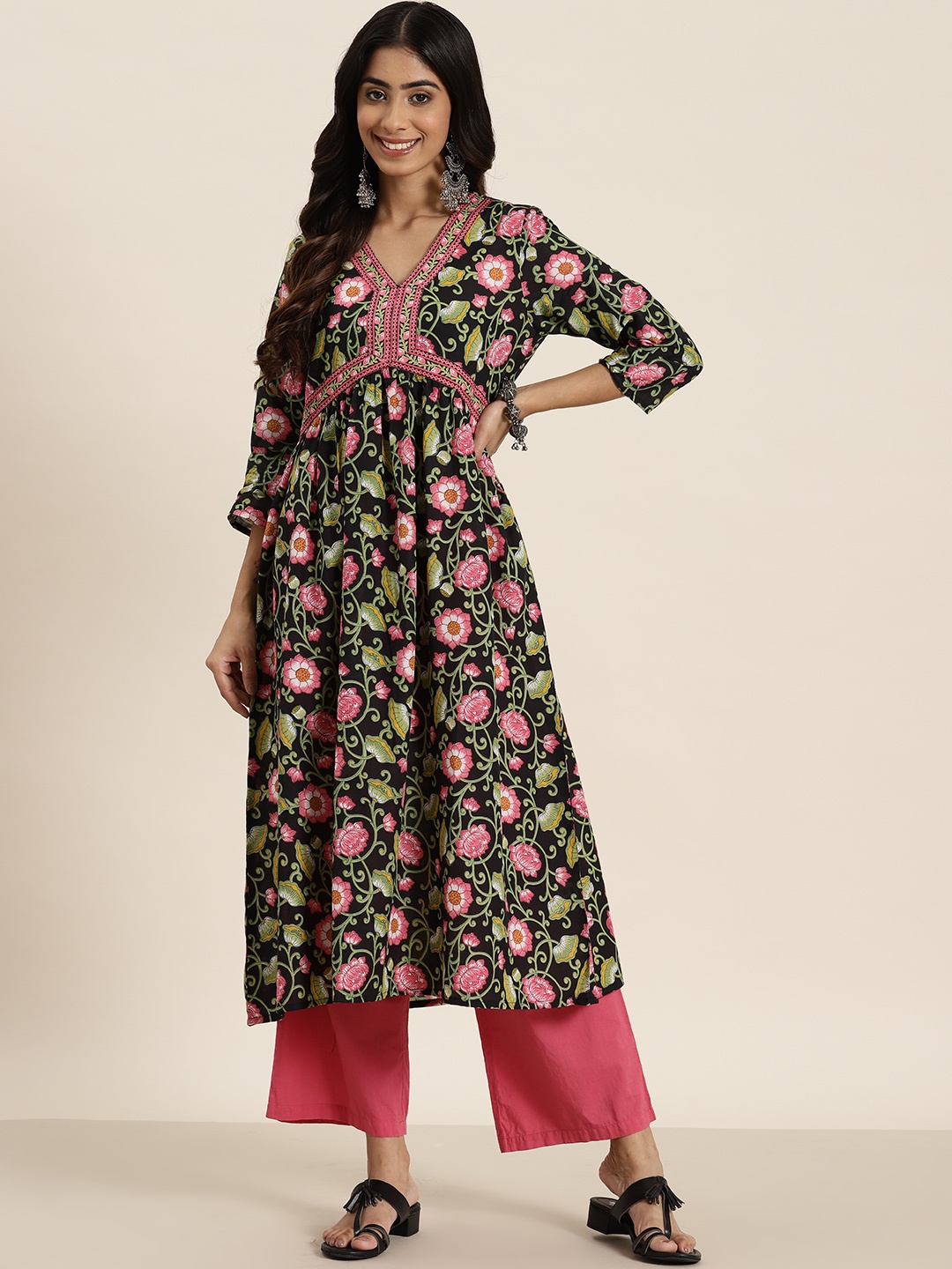 

HERE&NOW Floral Printed Empire Pure Cotton Kurta, Black