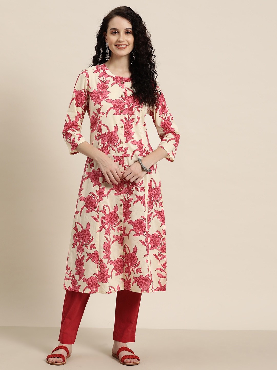 

HERE&NOW Cotton Floral Print A-Line Kurta, Beige