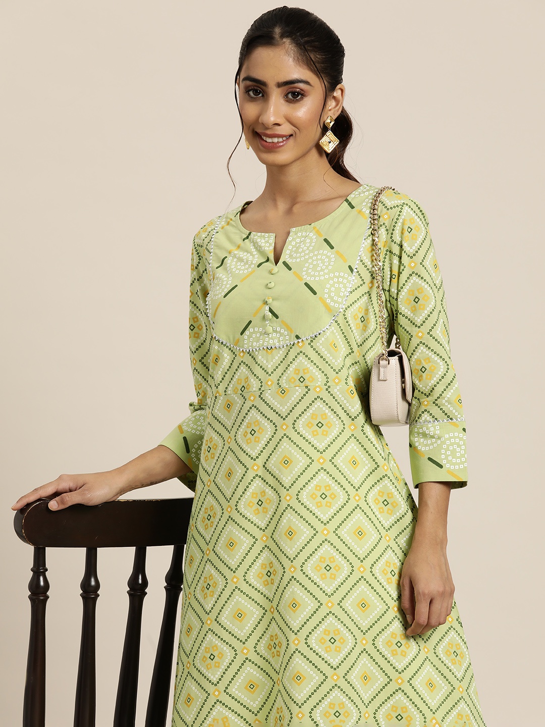 

HERE&NOW Bandhani Printed Pure Cotton Kurta, Green