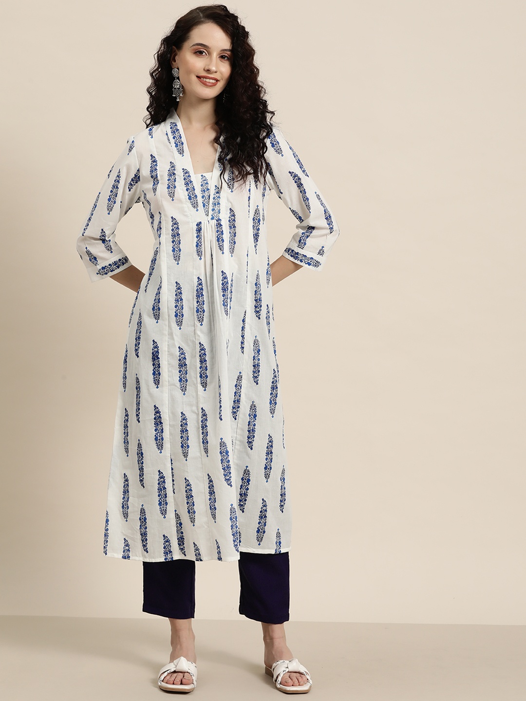 

HERE&NOW Pure Cotton Floral Printed A-Line Kurta, White
