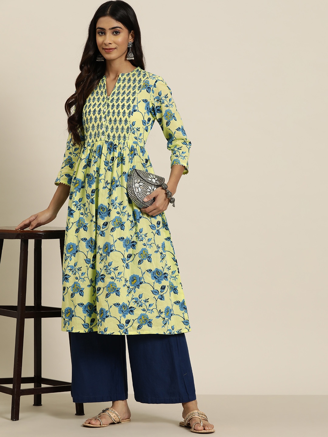 

HERE&NOW Pure Cotton Floral Printed Pleated A-Line Kurta, Green