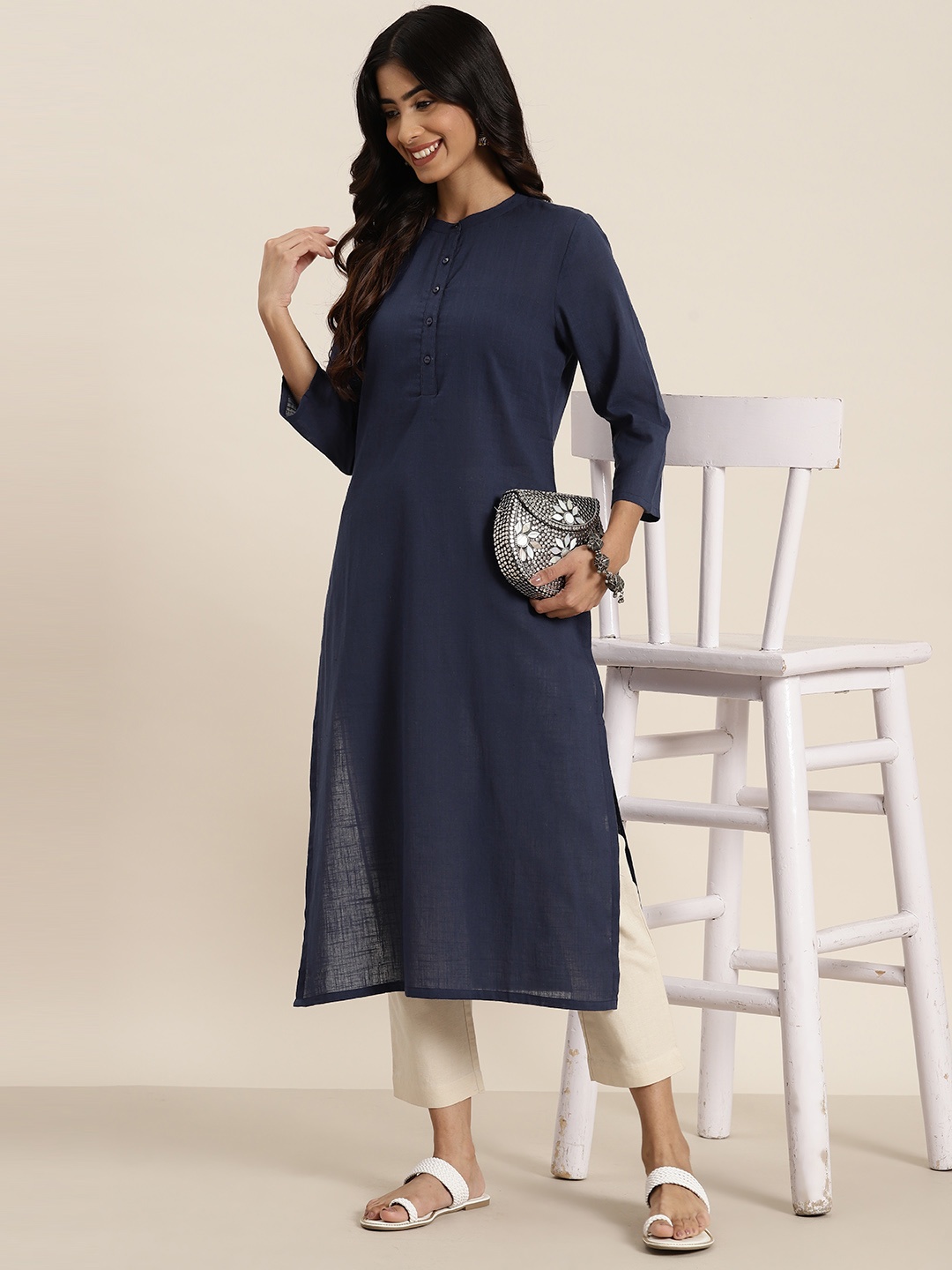 

HERE&NOW Pure Cotton Straight Kurta, Navy blue