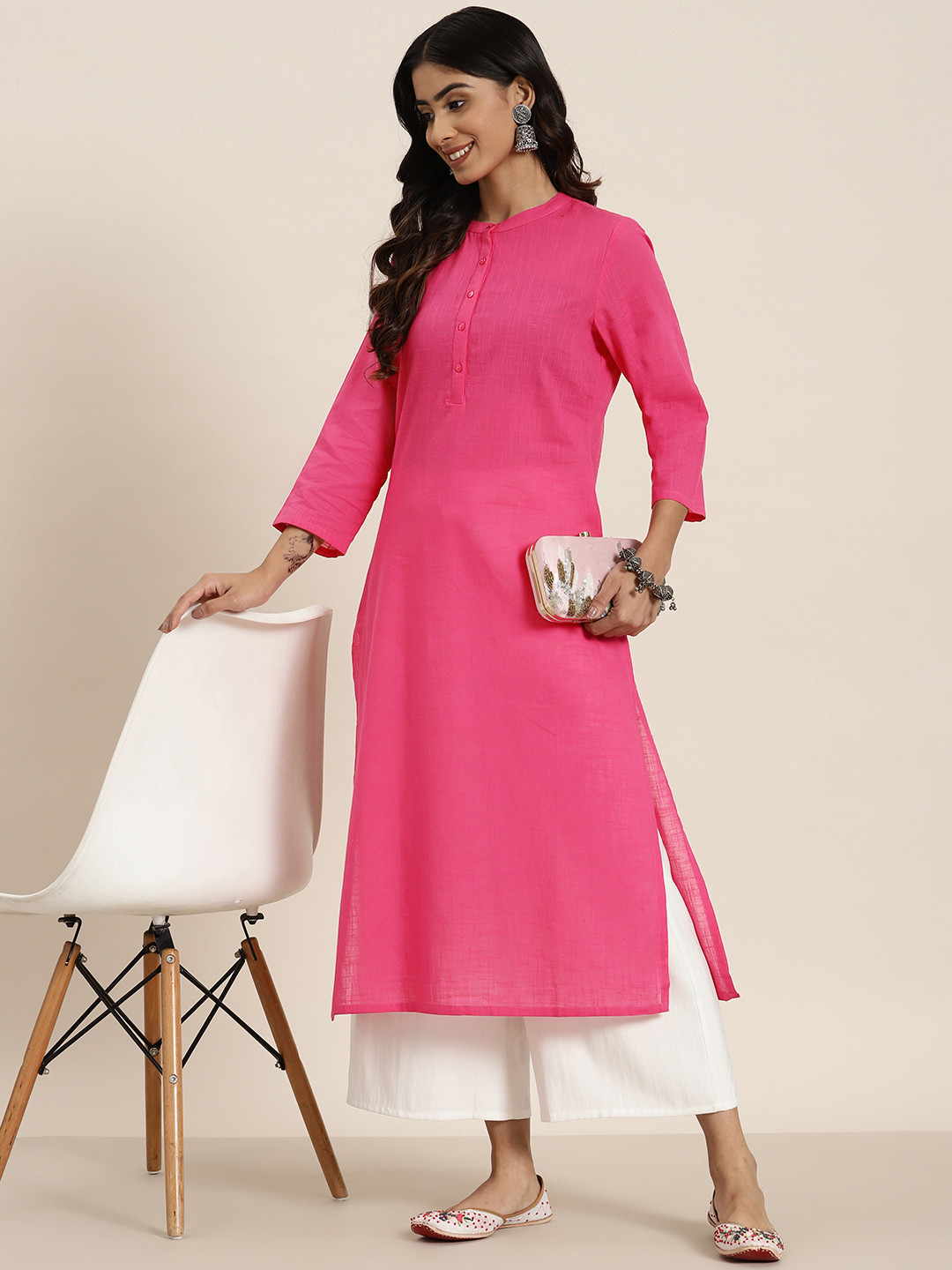 

HERE&NOW Pure Cotton Straight Kurta, Pink