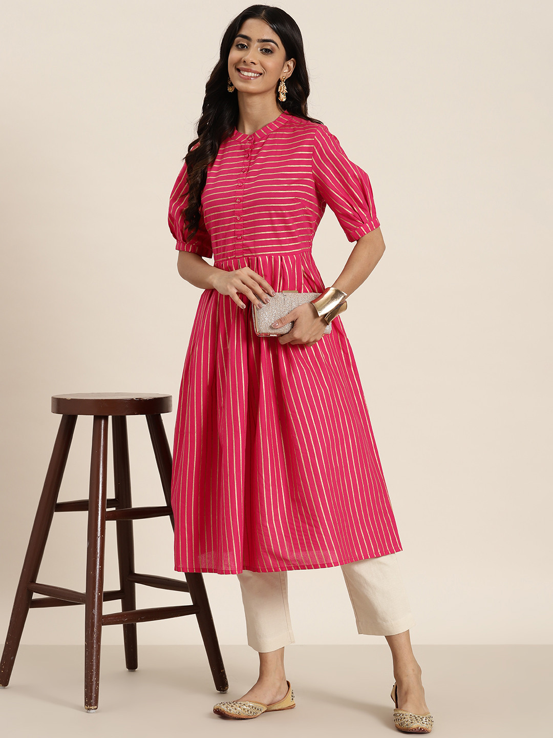 

HERE&NOW Foil Print Striped Cotton Pleated Kurta, Pink