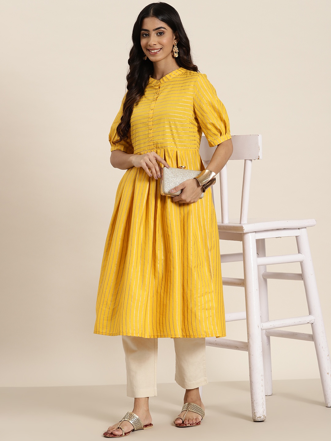 

HERE&NOW Foil Print Striped Cotton Pleated Kurta, Mustard