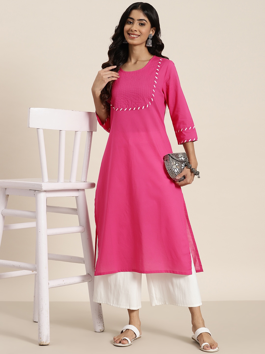 

HERE&NOW Yoke Design Pure Cotton Straight Kurta, Pink