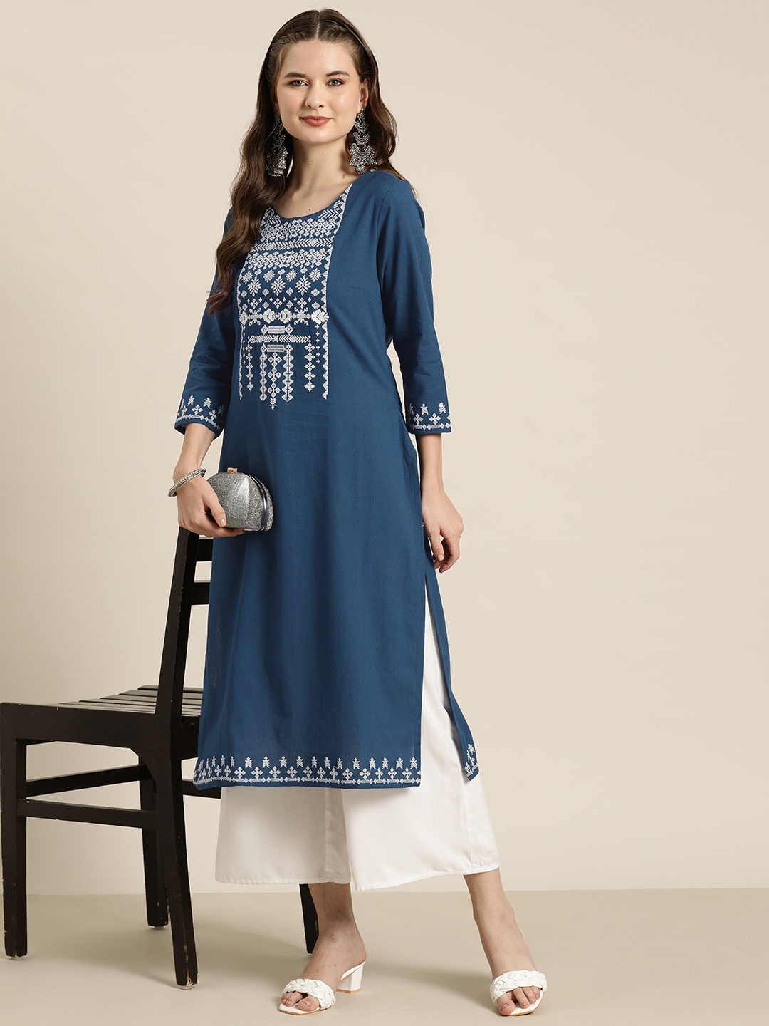 

HERE&NOW Women Ethnic Motifs Yoke Design Pure Cotton Straight Kurta, Teal