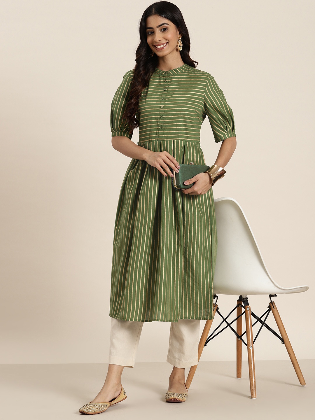 

HERE&NOW Foil Print Striped Cotton Pleated Kurta, Olive