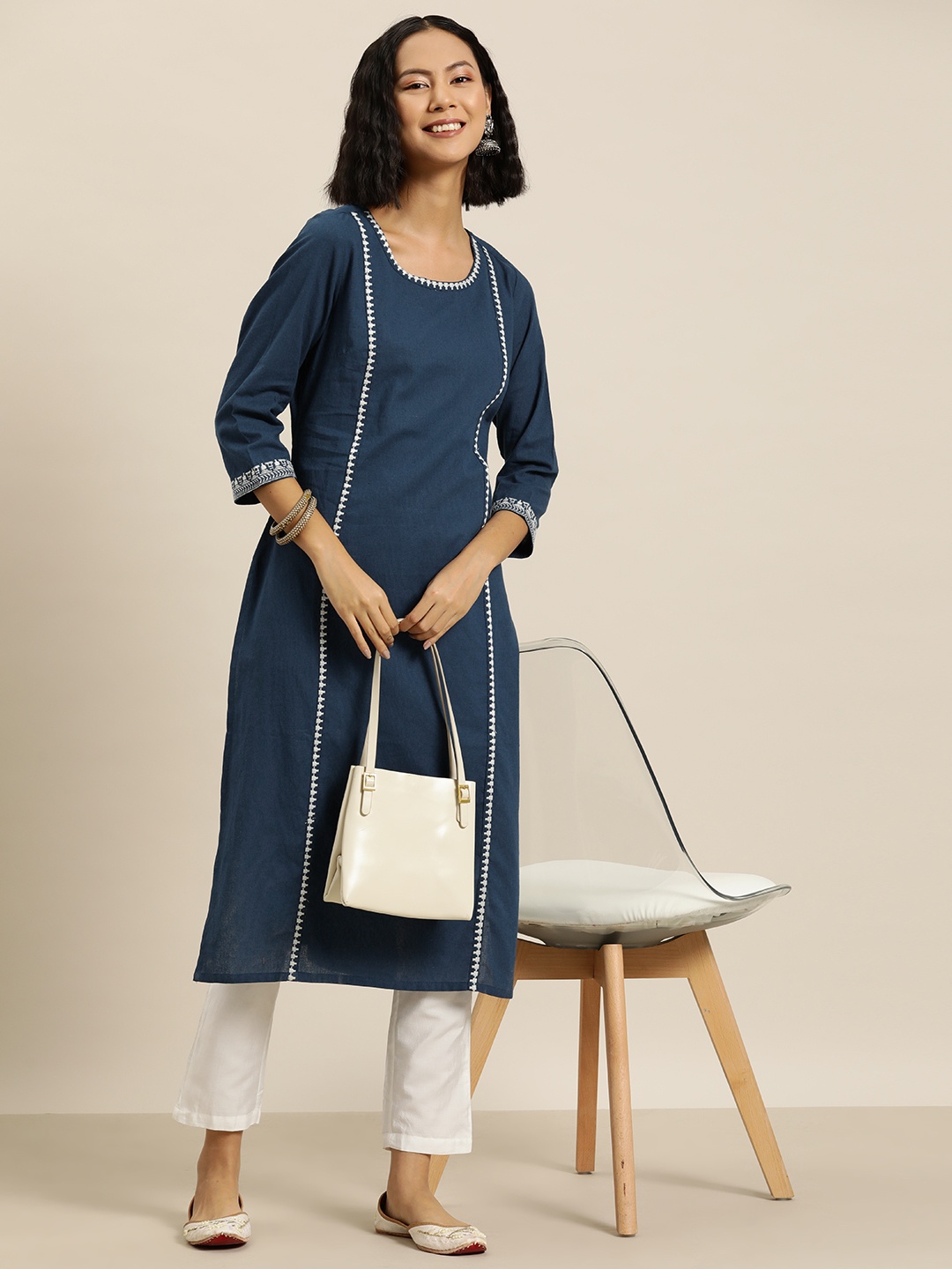 

HERE&NOW Embroidered Detail Straight Kurta, Teal