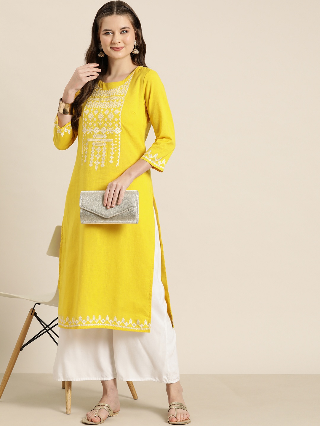 

HERE&NOW Pure Cotton Embroidered Straight Kurta, Yellow