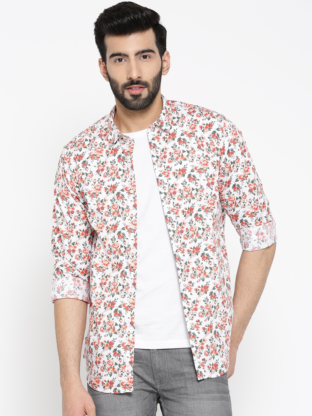

Blackberrys Men Off-White & Orange Slim Fit Printed Casual Shirt