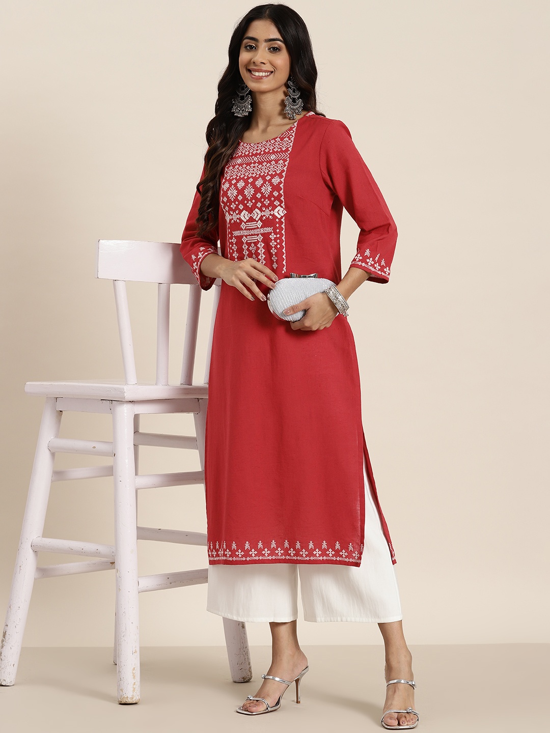 

HERE&NOW Women Red & White Geometric Embroidered Kurta