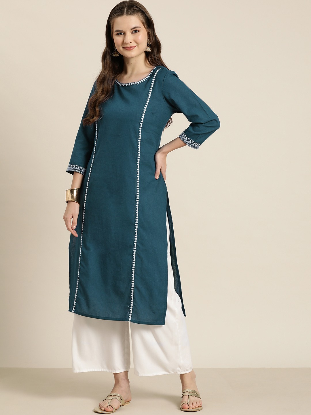 

HERE&NOW Pure Cotton Embroidered Straight Kurta, Teal