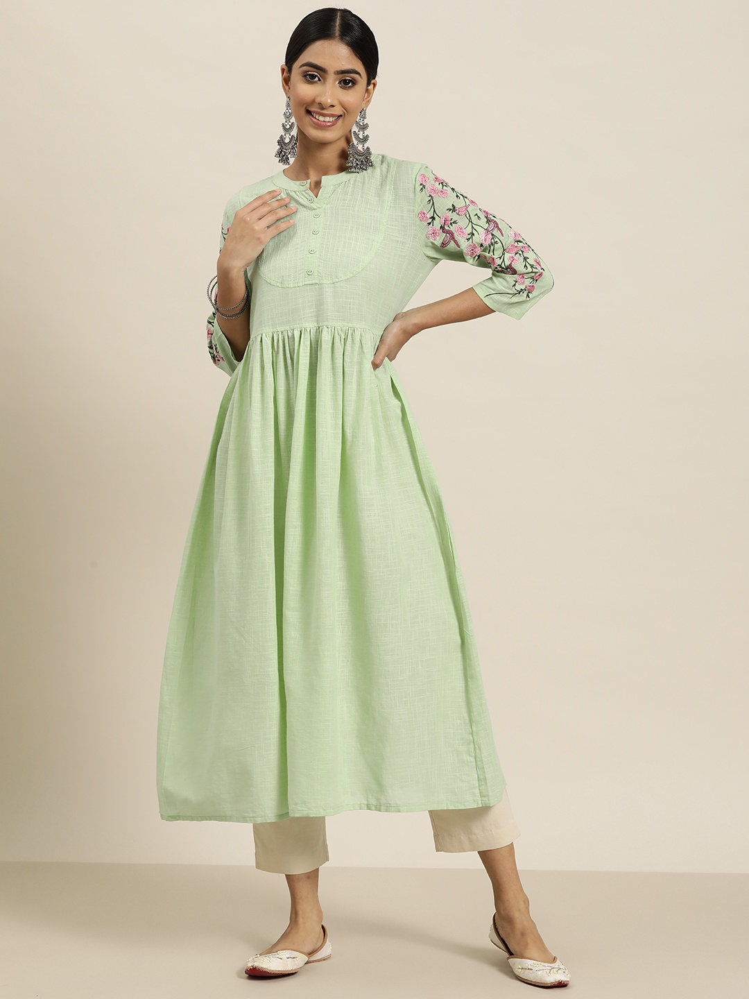

HERE&NOW Women Thread Work Pure Cotton A-Line Kurta, Green