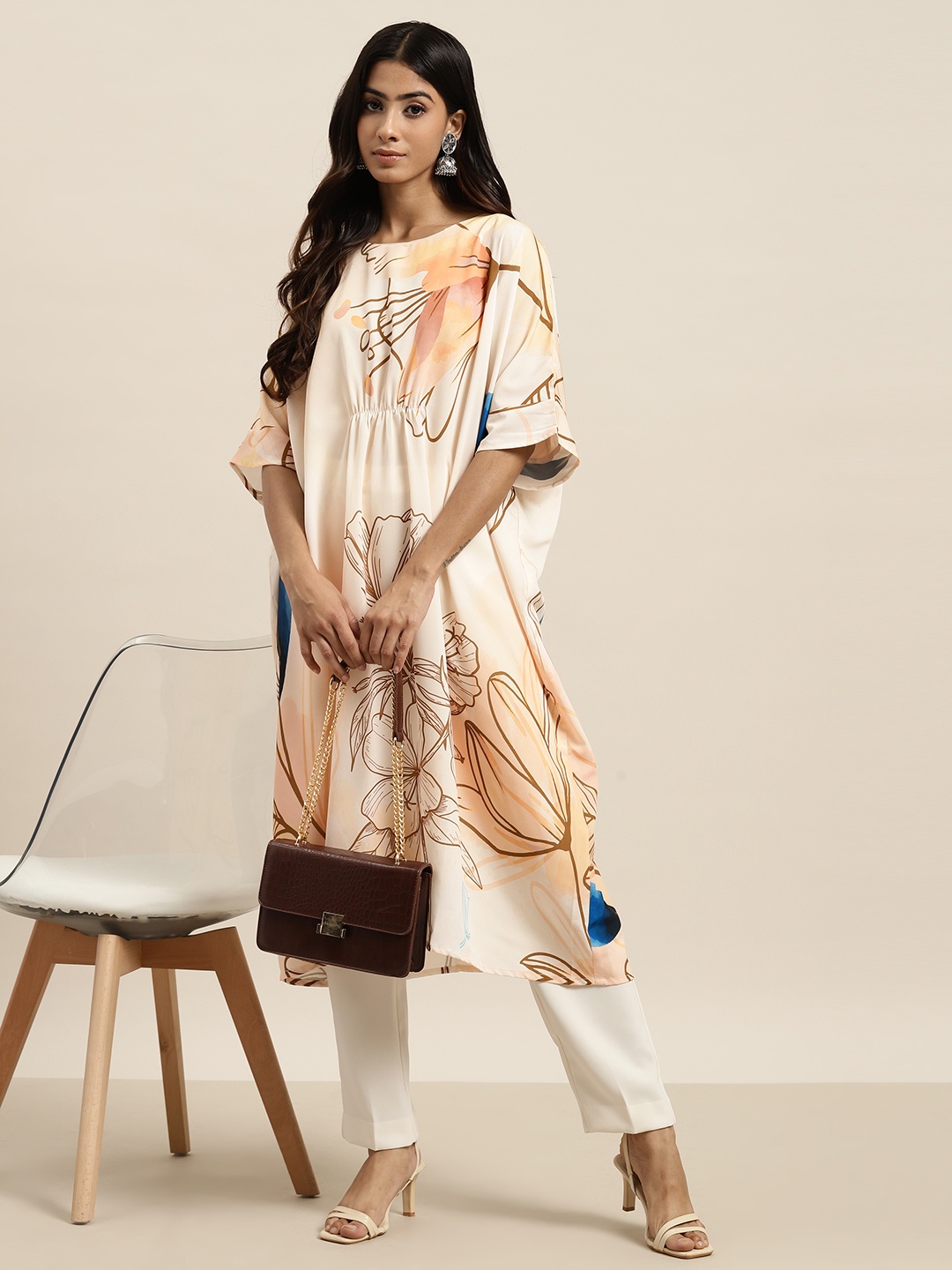 

Moda Rapido Floral Print Kaftan Kurta, Cream