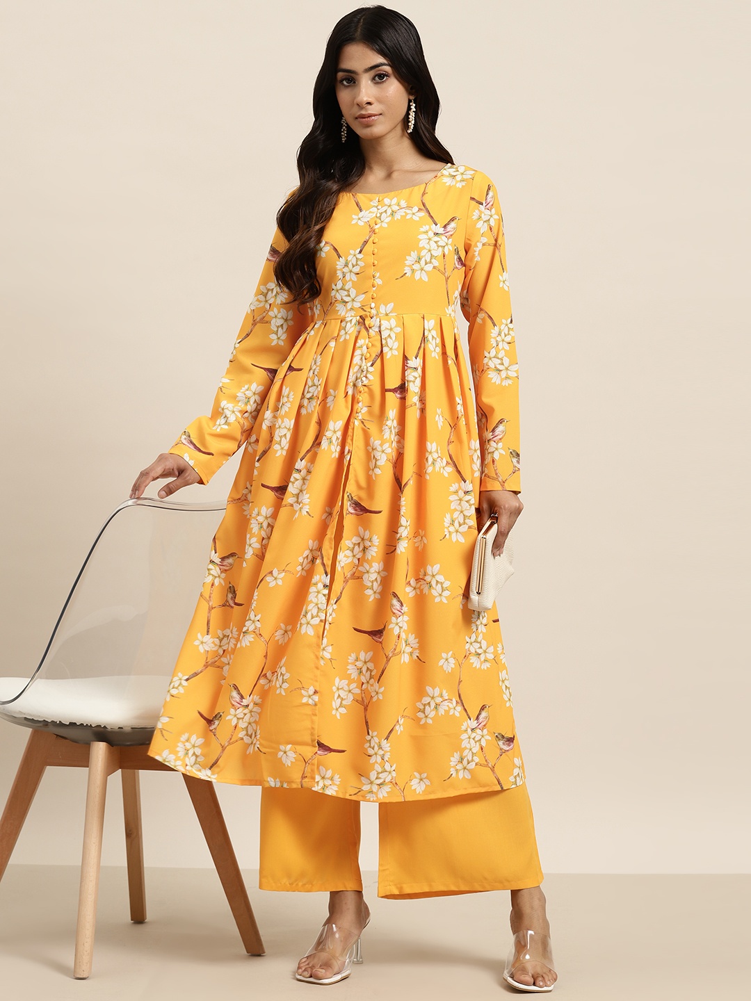 

Moda Rapido Floral Print Pleated Kurta with Palazzos, Yellow