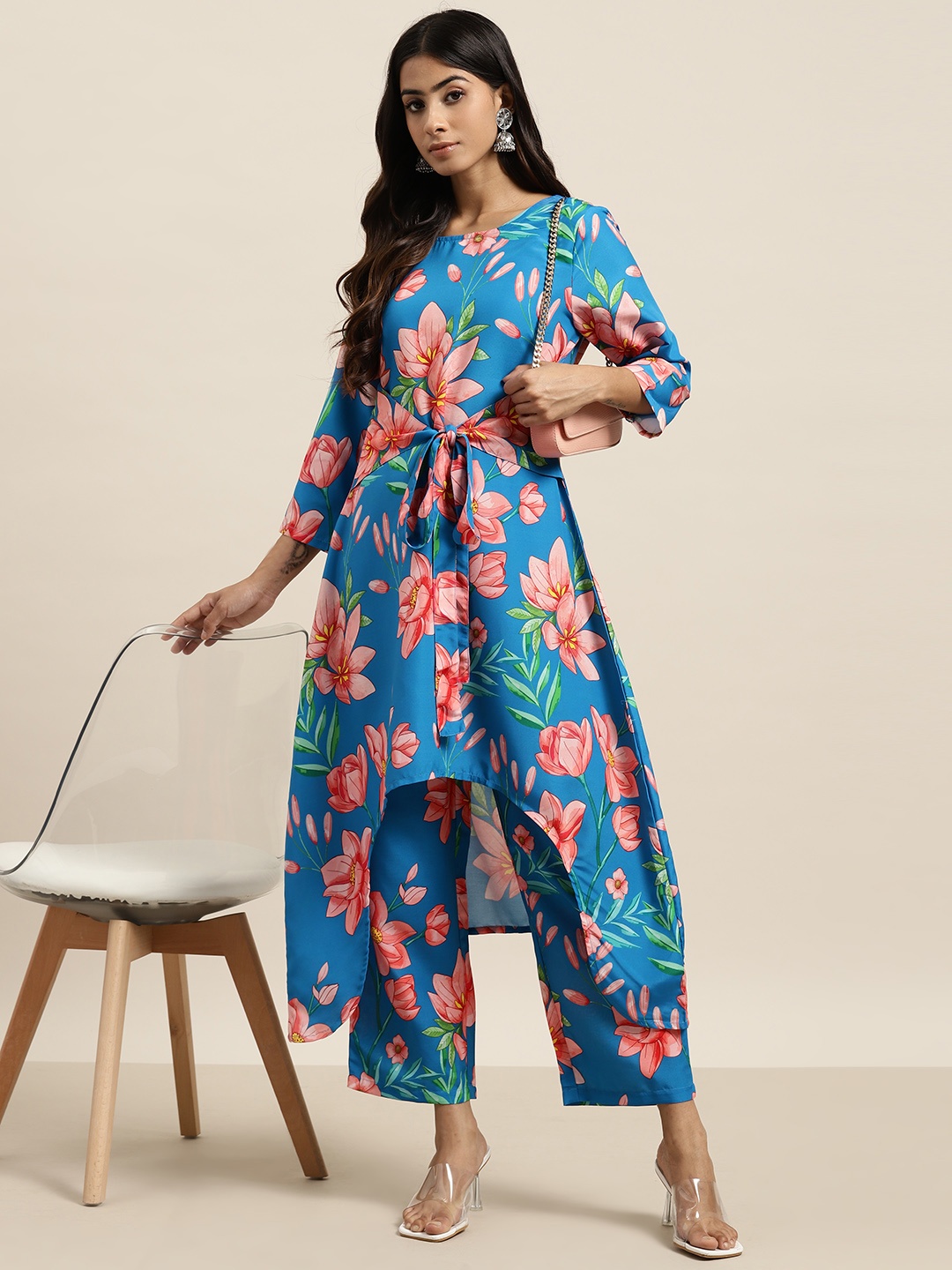 

Moda Rapido Floral Print Tie-Up High-Low Kurta with Palazzos, Blue