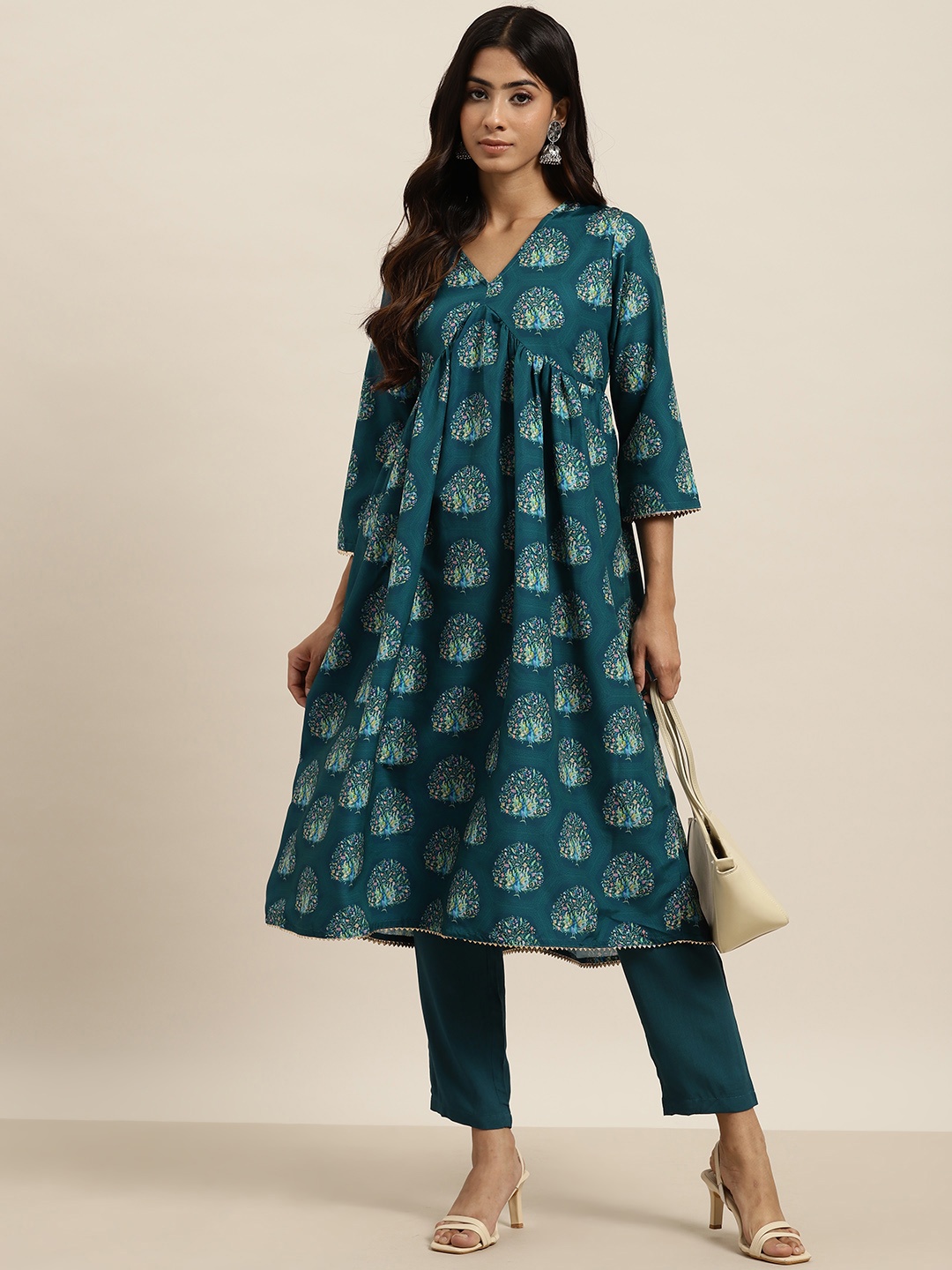 

Moda Rapido Ethnic Motifs Printed Empire Gotta Patti Kurta with Trousers, Teal