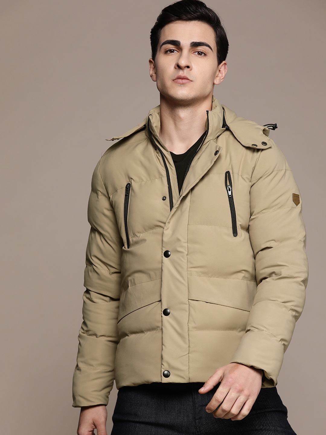 

The Roadster Lifestyle Co. Solid Zip Detailed Detachable Hood Padded Jacket, Taupe