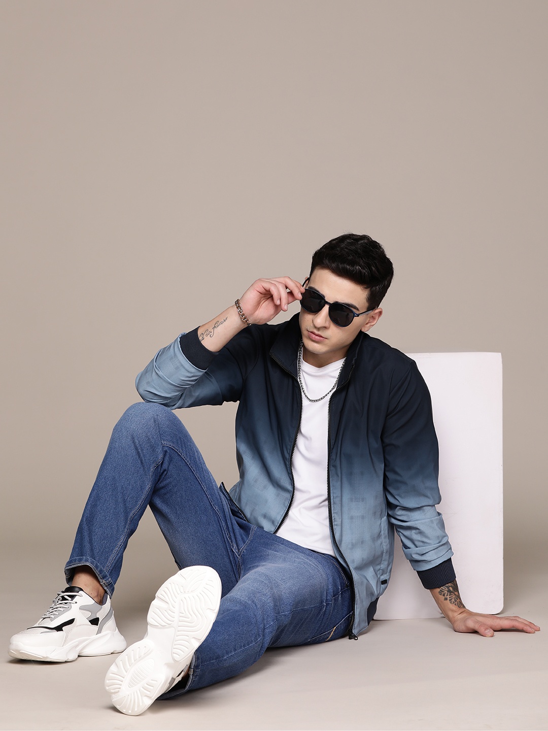 

The Roadster Lifestyle Co. Ombre Printed Mock Collar Bomber Jacket, Navy blue