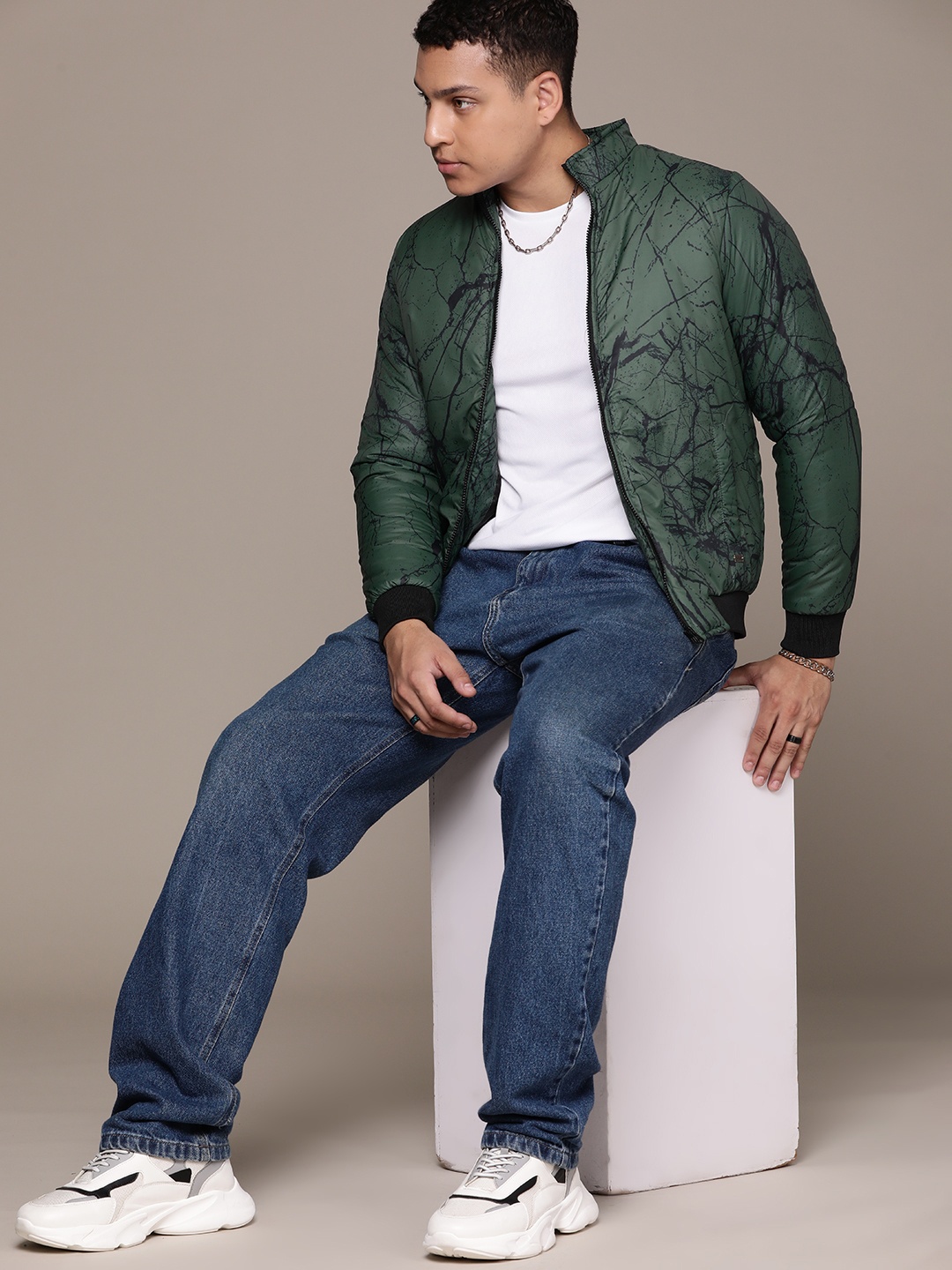 

The Roadster Lifestyle Co. Abstract Printed Mock Collar Bomber Jacket, Green