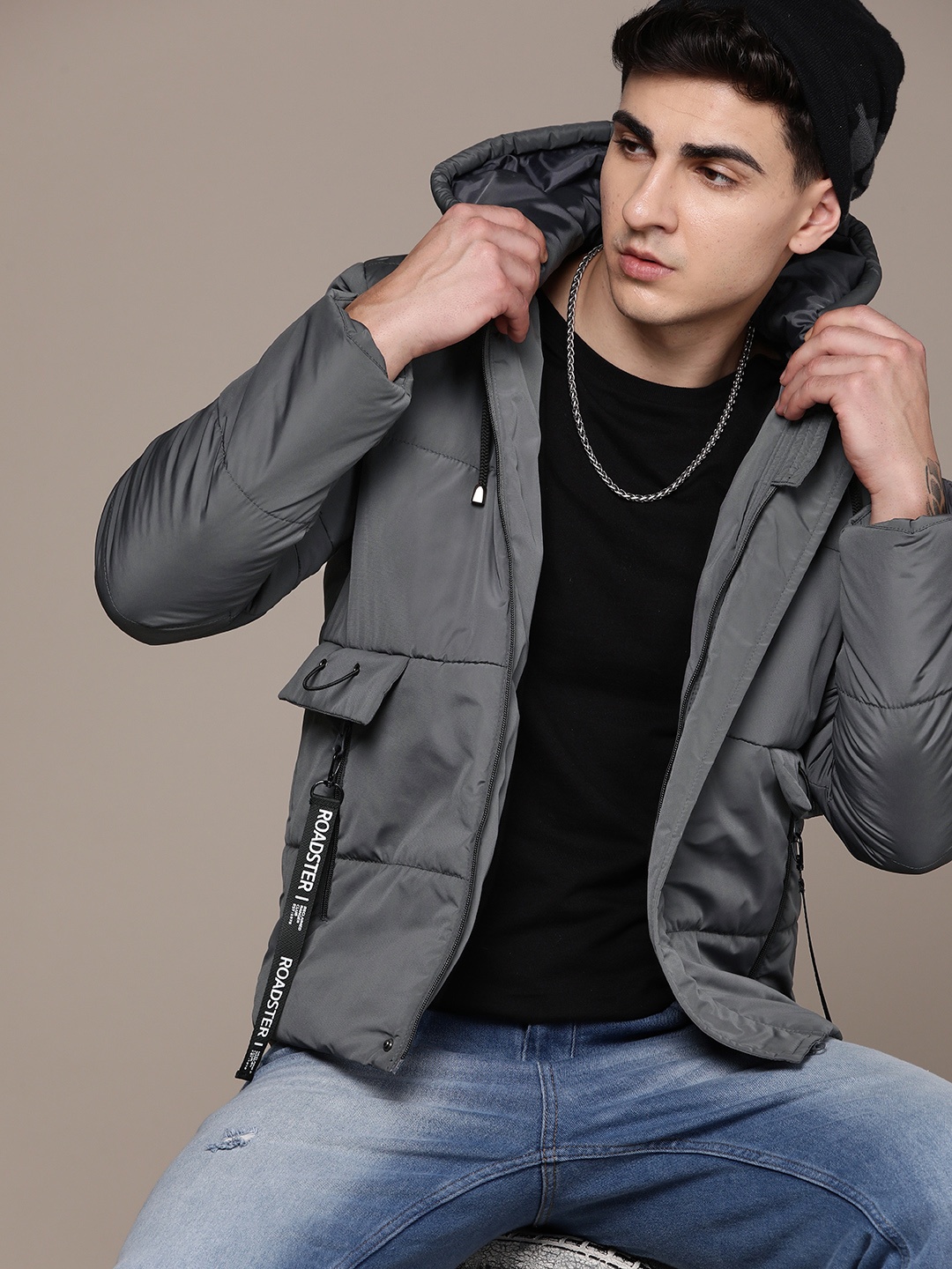 

The Roadster Lifestyle Co. Solid Hooded Padded Jacket, Grey