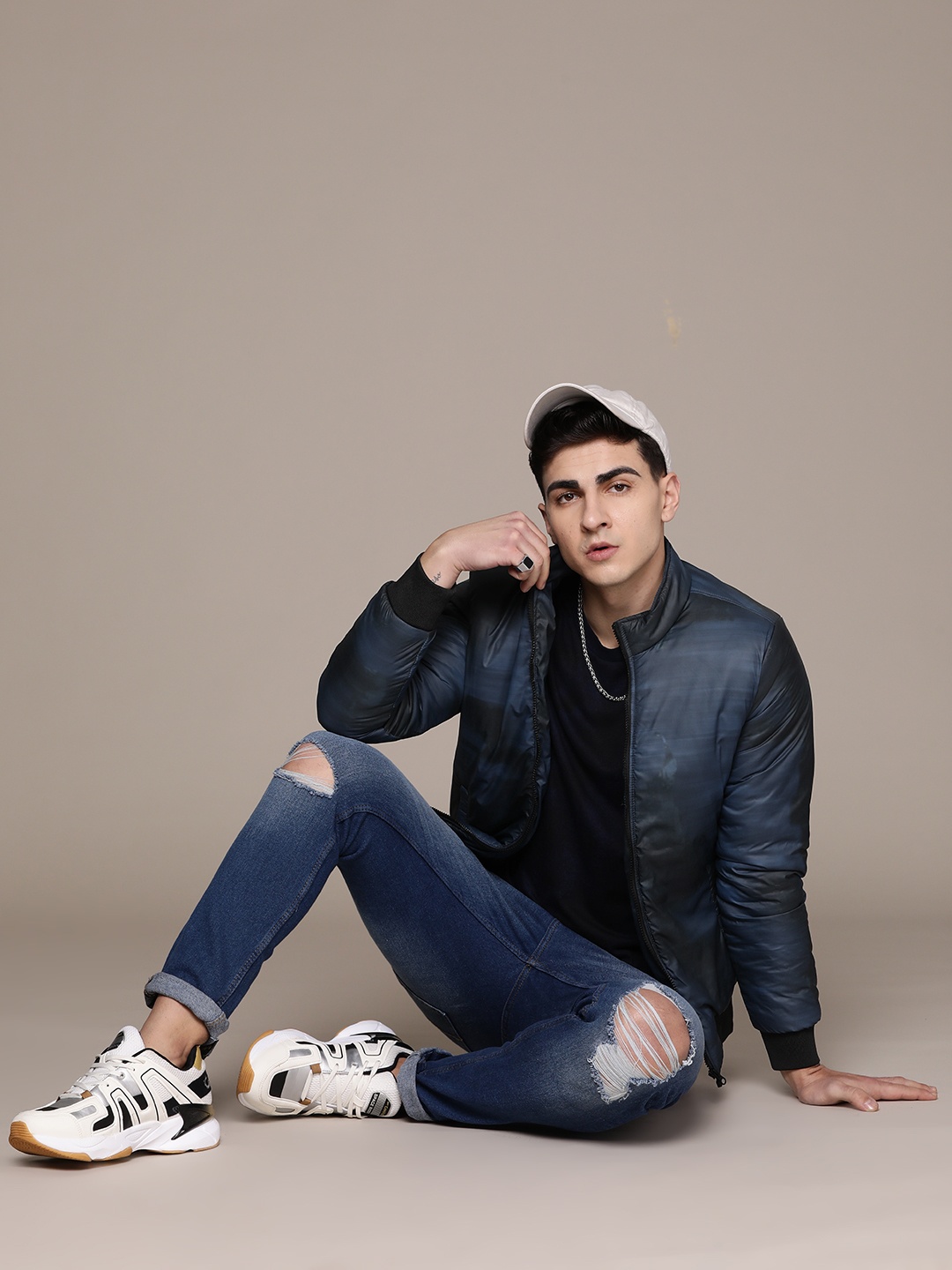 

The Roadster Lifestyle Co. Abstract Print Mock Collar Bomber Jacket, Blue