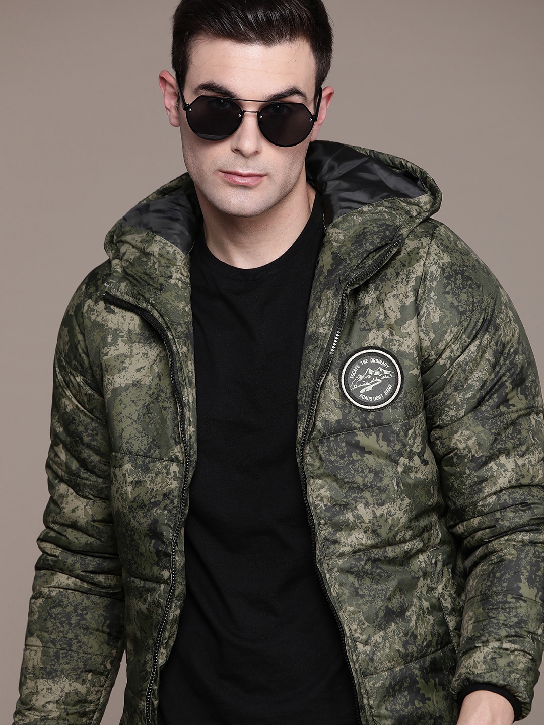 

The Roadster Lifestyle Co. Camouflage Applique Detailed Hooded Padded Jacket, Olive