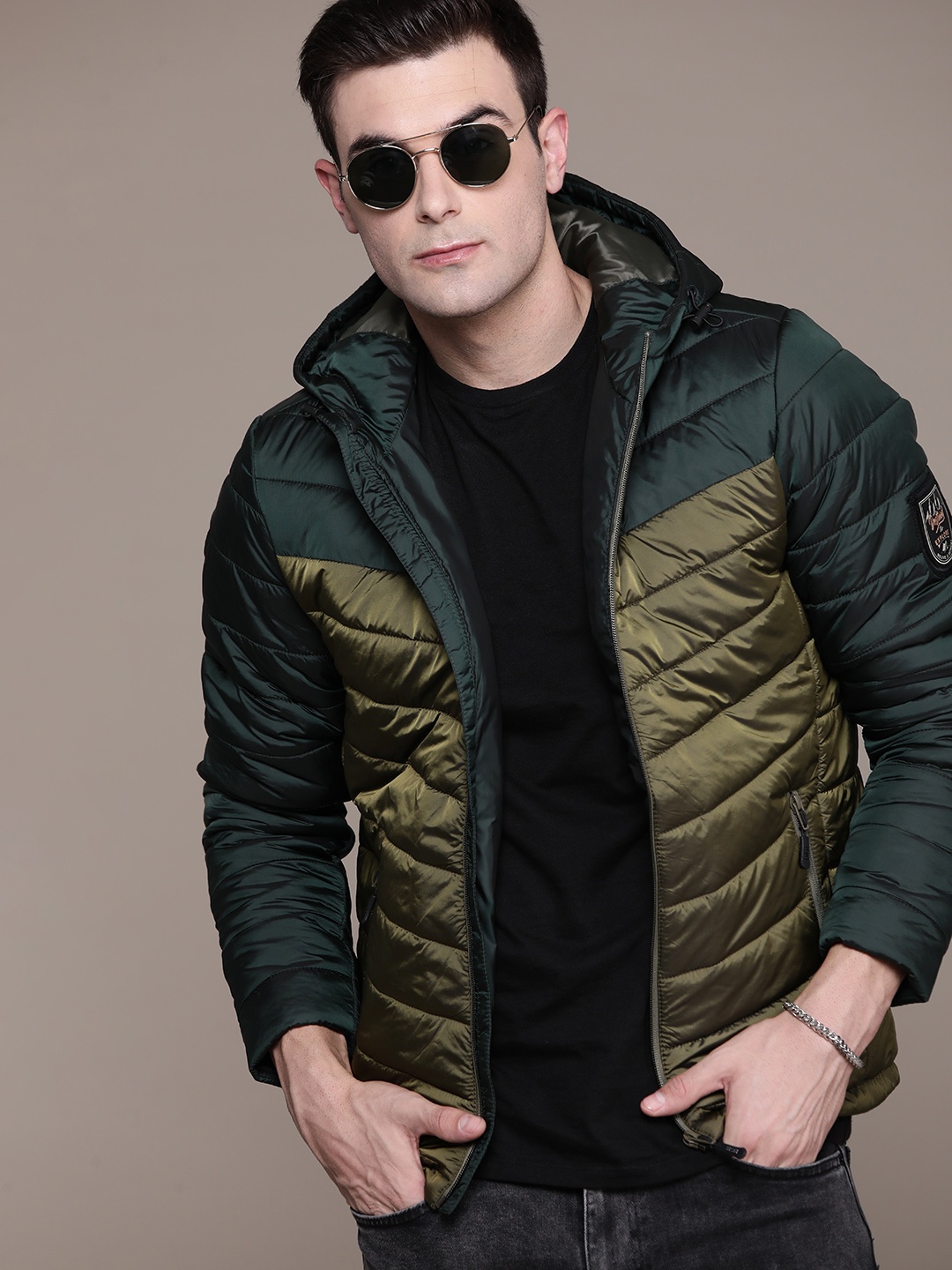 

The Roadster Lifestyle Co. Colourblocked Hooded Padded Jacket, Olive