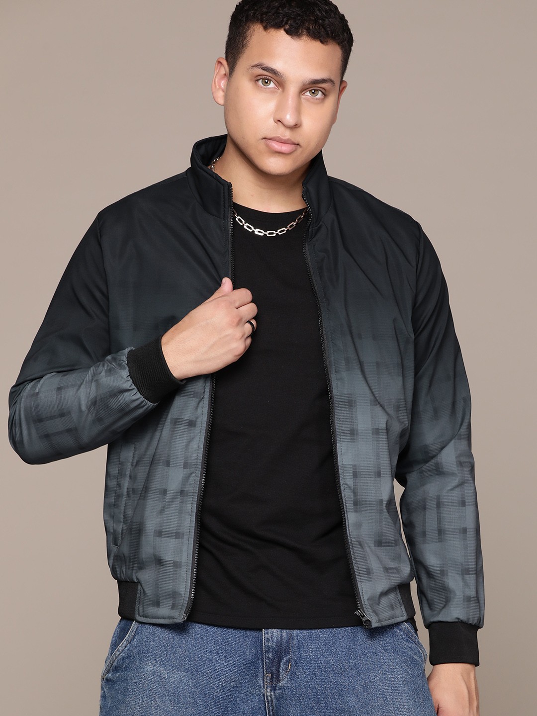 

The Roadster Lifestyle Co. Checked Ombre Printed Mock Collar Bomber Jacket, Black