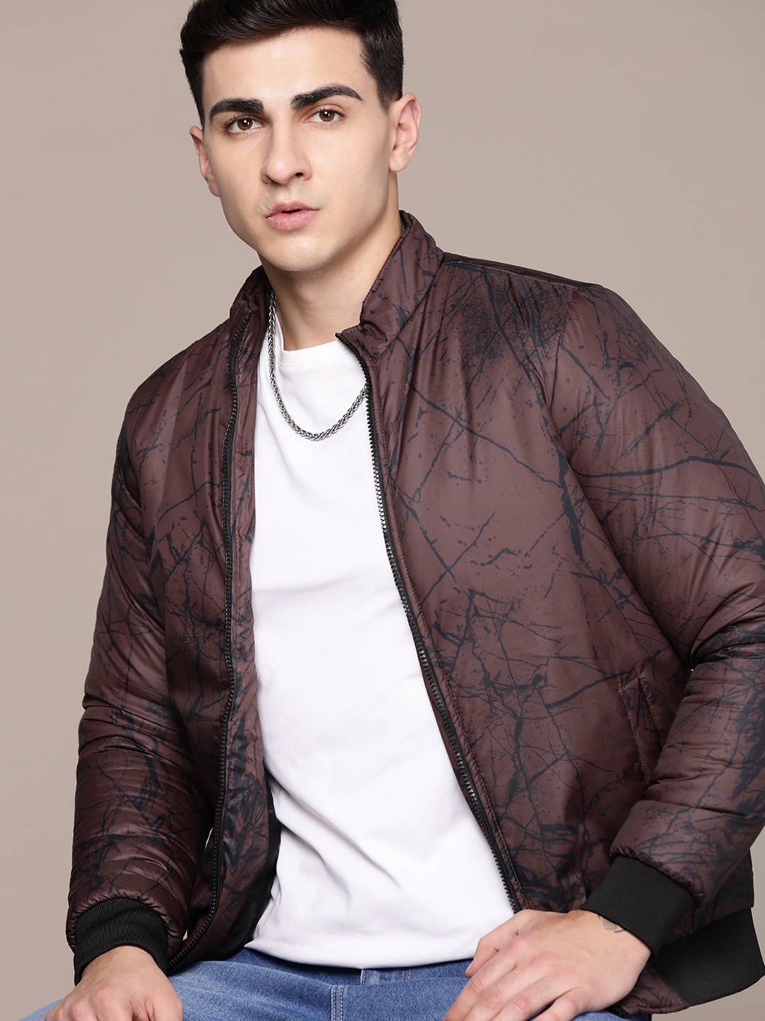 

The Roadster Lifestyle Co. Abstract Printed Mock Collar Padded Bomber Jacket, Burgundy