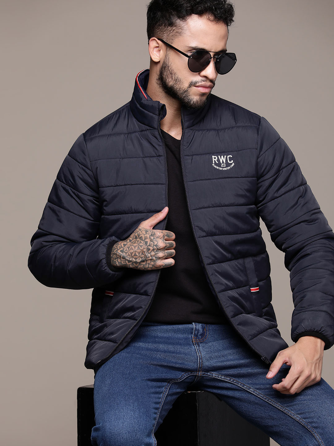 

The Roadster Lifestyle Co. Solid Minimal Embroidered Detail Padded Jacket, Navy blue