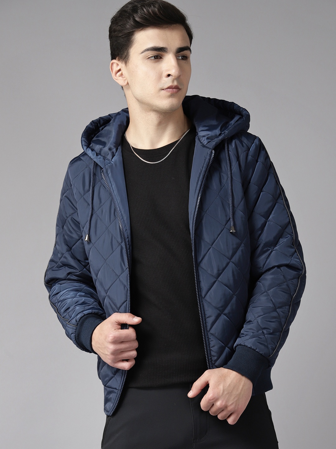 

The Roadster Lifestyle Co. Solid Quilted Detail Hooded Padded Jacket, Navy blue