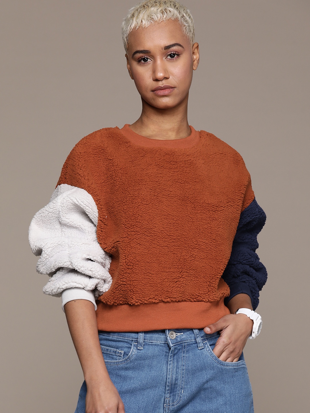 

The Roadster Lifestyle Co. Sherpa Colourblocked Sweatshirt, Rust
