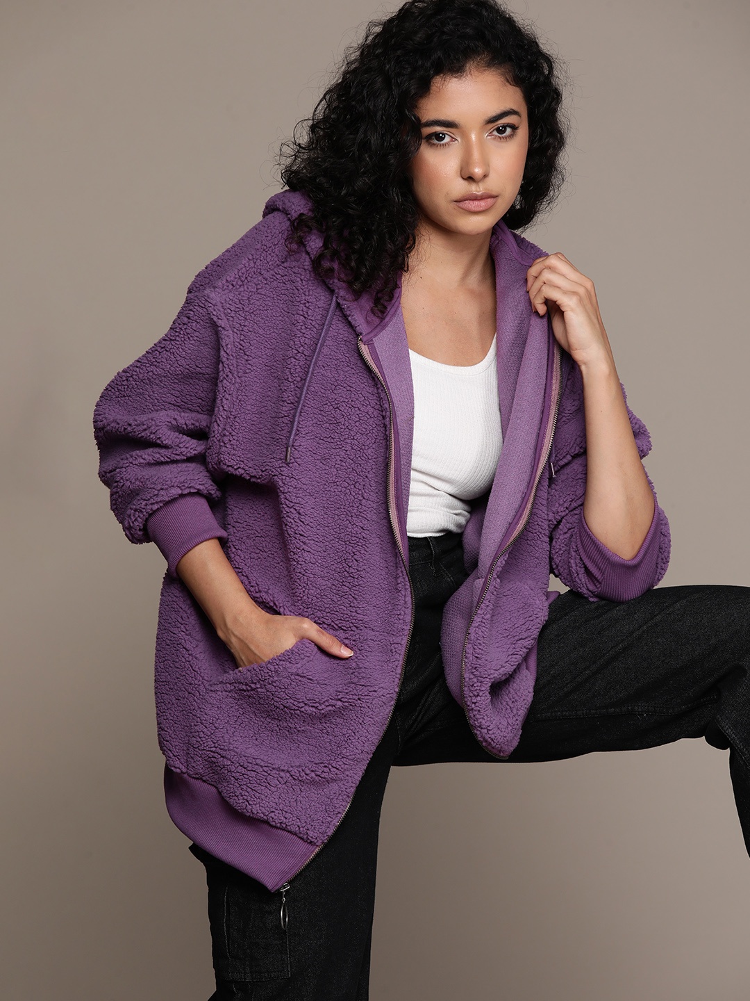 

The Roadster Lifestyle Co. Sherpa Hooded Longline Sweatshirt, Purple