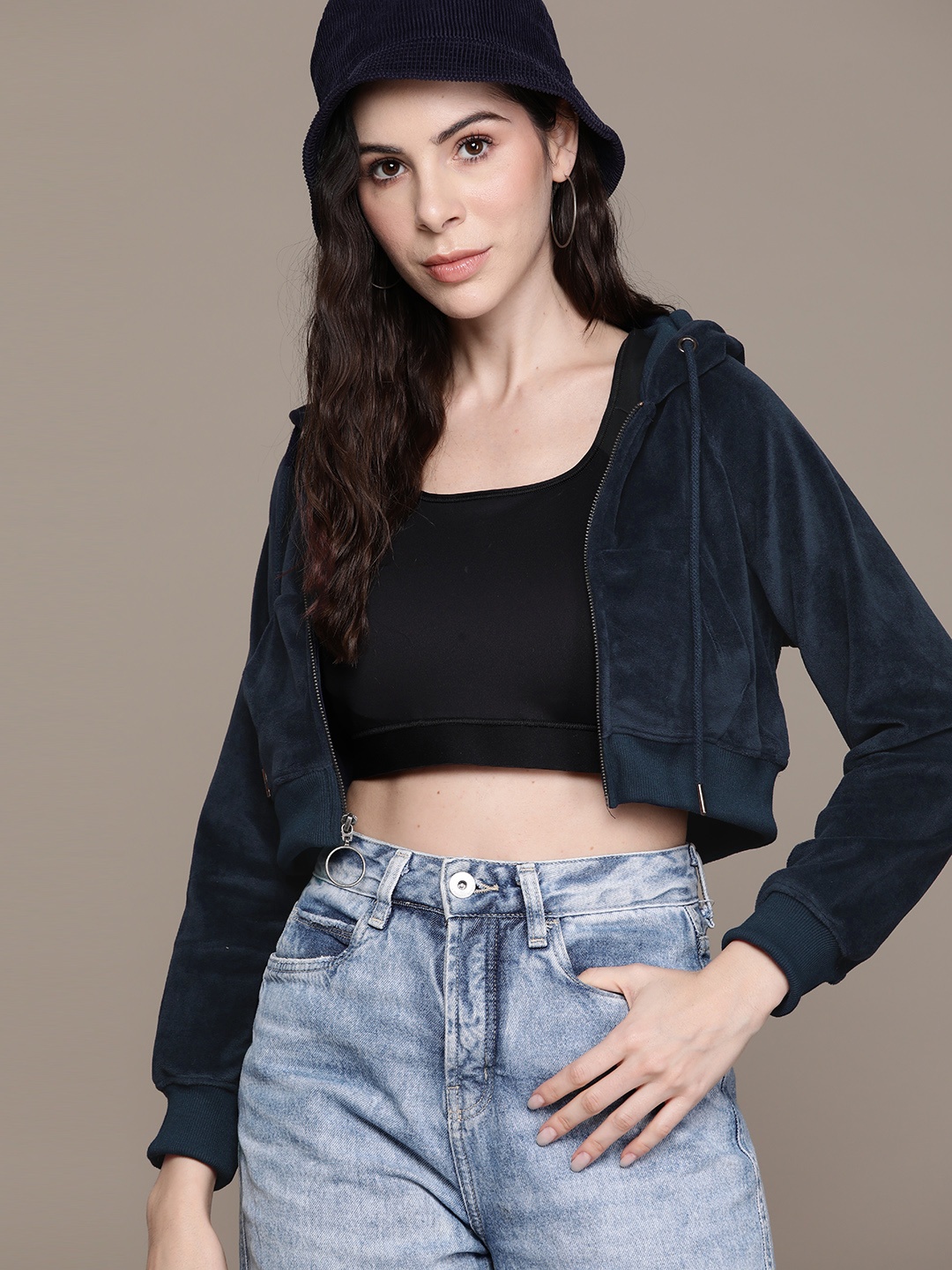 

The Roadster Lifestyle Co. Velvet Finish Hooded Cropped Boxy Sweatshirt, Navy blue