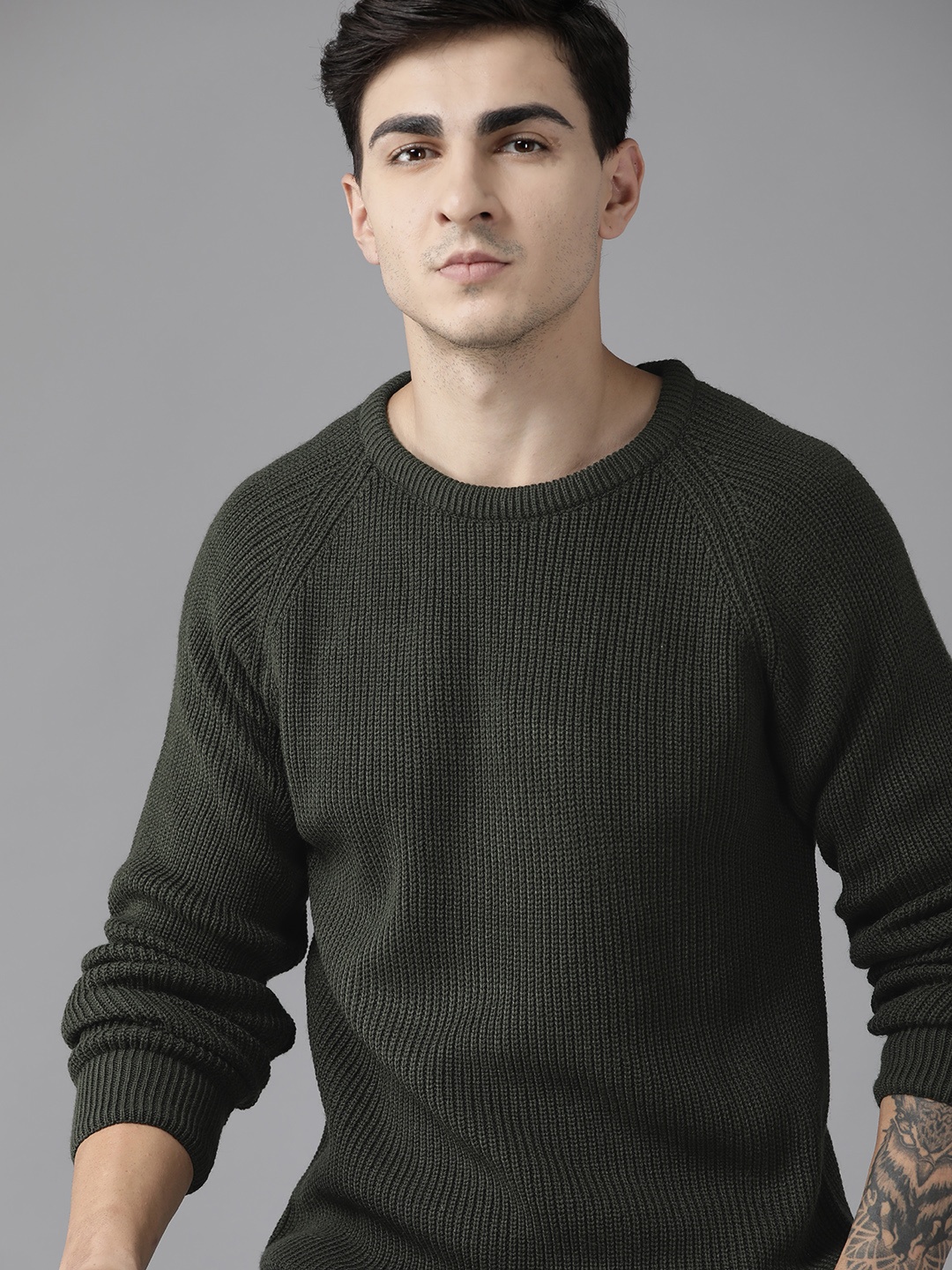 

The Roadster Lifestyle Co. Raglan Sleeves Longline Acrylic Pullover, Olive