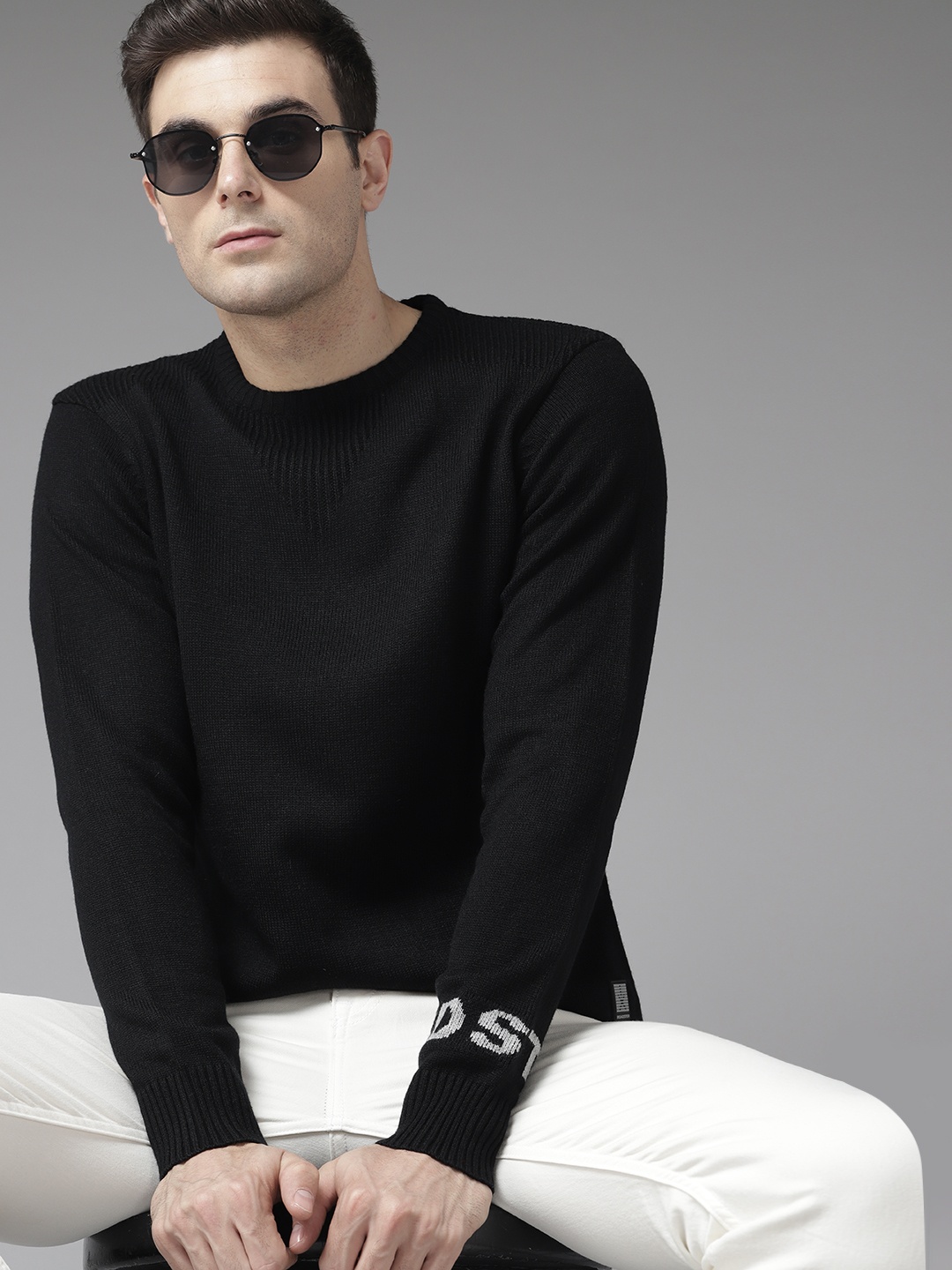 

The Roadster Lifestyle Co. Solid Ribbed Detailed Acrylic Pullover, Black