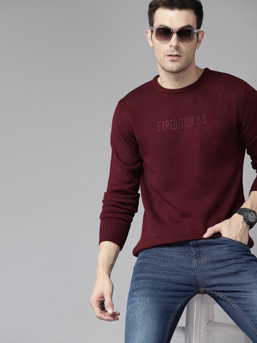 

The Roadster Lifestyle Co. Round Neck Regular Fit Pullover, Maroon