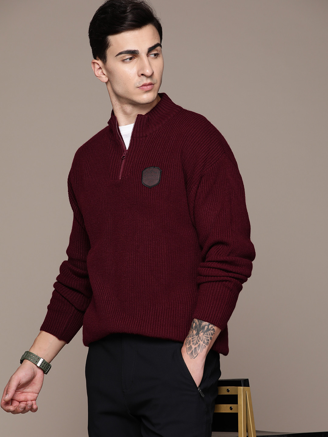 

The Roadster Lifestyle Co. Mock Collar Full Sleeves Acrylic Pullover, Maroon