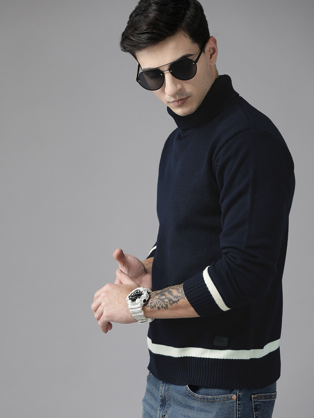 

The Roadster Lifestyle Co. Men Acrylic Turtle Neck Solid Pullover, Navy blue