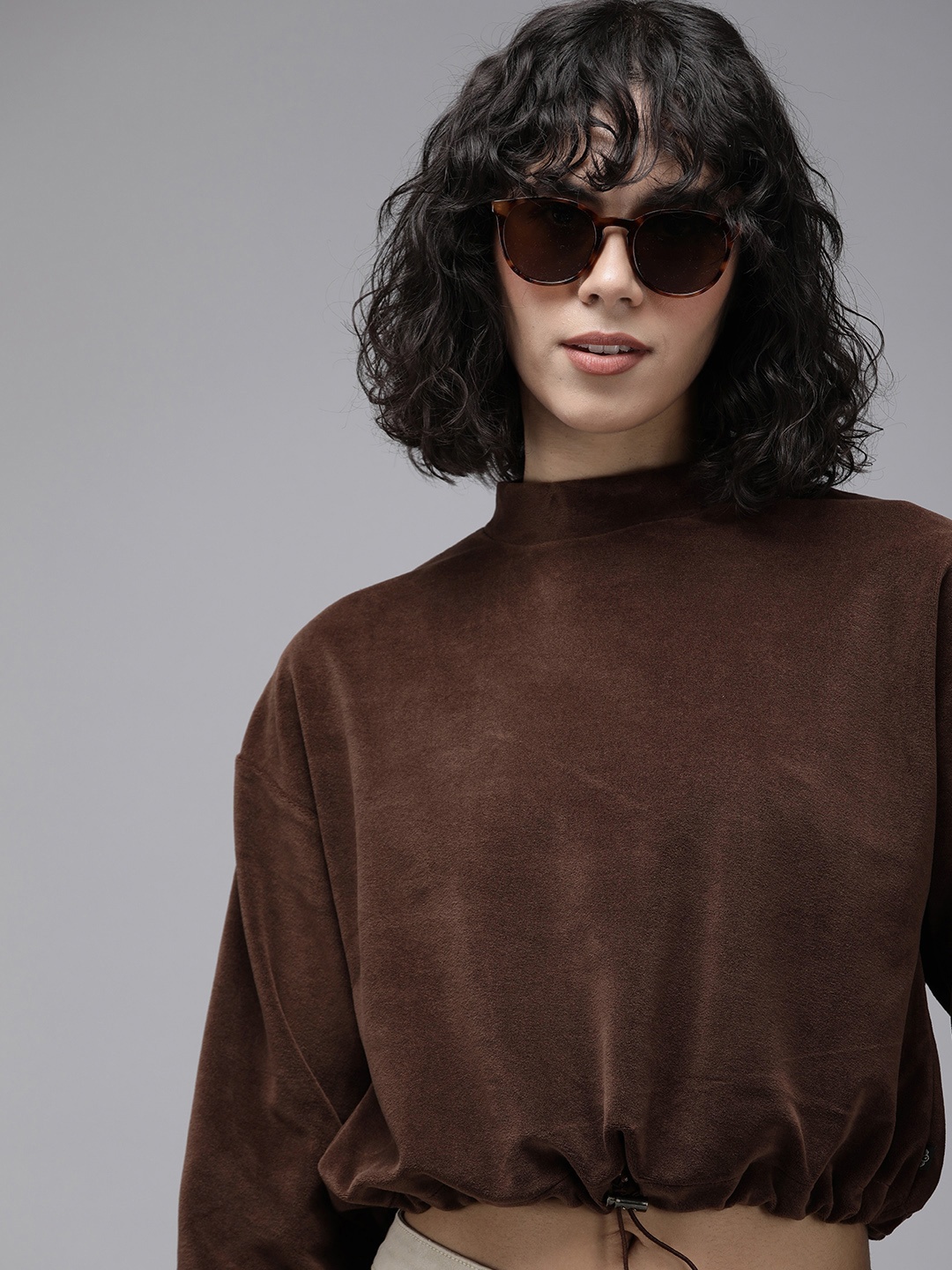 

The Roadster Life Co. Solid Long Sleeves Velvet Finish Crop Sweatshirt, Coffee brown