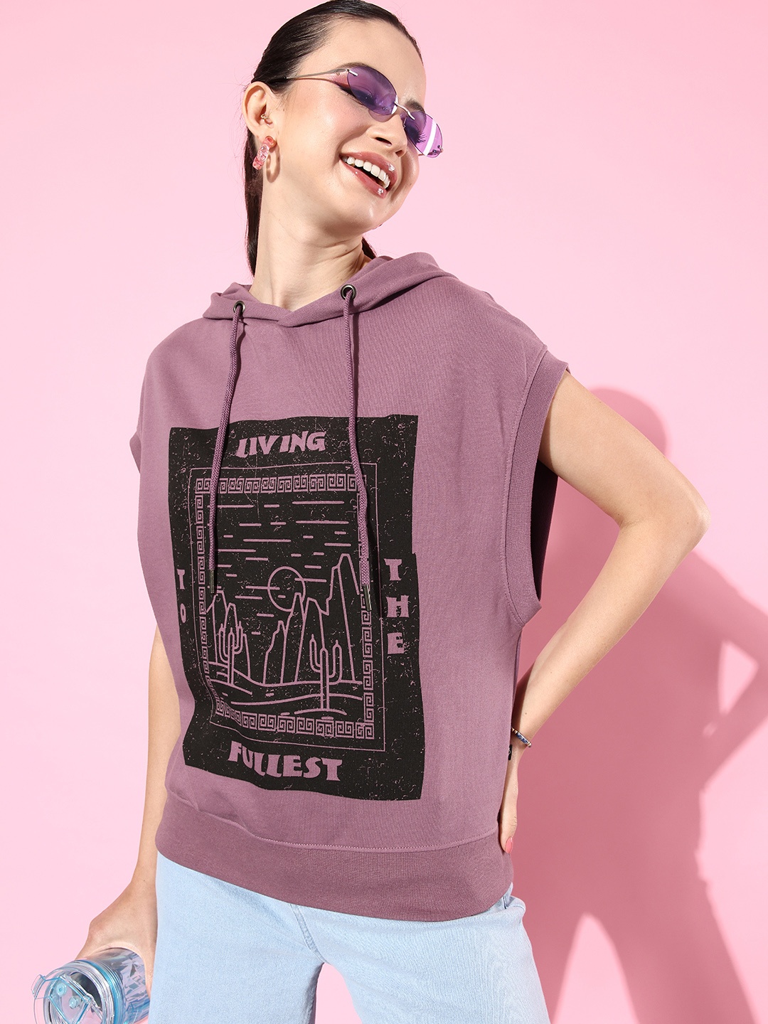 

The Roadster Life Co. Printed Sleeveless Hooded Oversized Sweatshirt, Mauve