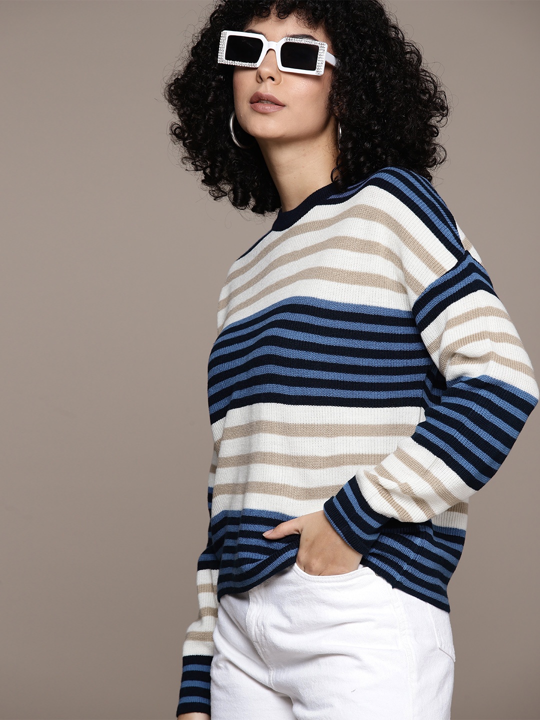 

The Roadster Lifestyle Co. Striped Drop-Shoulder Sleeves Acrylic Pullover, Blue