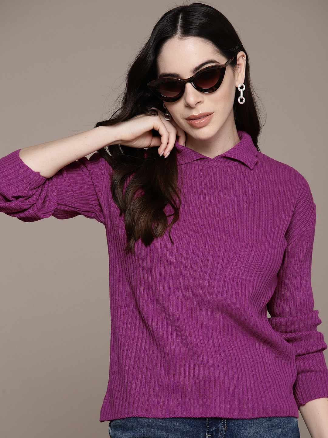 

The Roadster Lifestyle Co. Shirt Collar Full-Sleeves Ribbed Pullover, Purple
